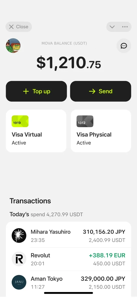 MOVA PAY balance screen